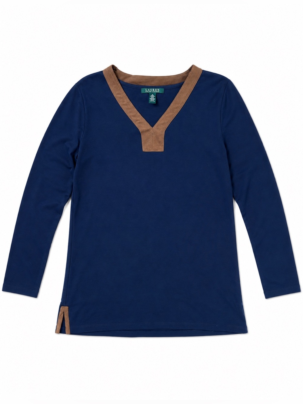 Ralph Lauren Navy Cotton Knit Top M Brown Faux Suede Trim V-Neck 3/4 Sleeve